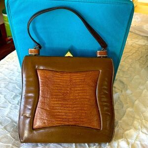 Vintage 1950s Johansen Brown Leather Top Handle Handbag – Lizard Embossed Panel